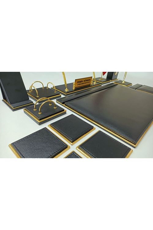 ASOS SİYAH VE GOLD DERİDEN OLUŞAN KİŞİYE ÖZEL İSİMLİKLİ LÜKS SÜMEN VE MAKAM TAKIMI