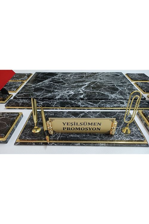 Mermer Siyah Ve Gold Isimlikli Lüx Tasarım Sümen Ve Makam Takımı