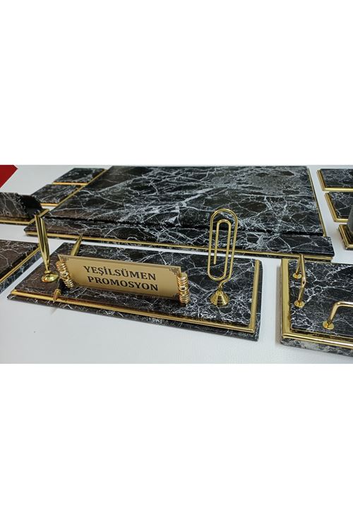 Mermer Siyah Ve Gold Isimlikli Lüx Tasarım Sümen Ve Makam Takımı