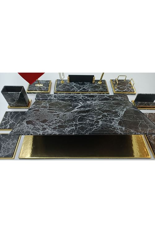 Mermer Siyah Ve Gold Isimlikli Lüx Tasarım Sümen Ve Makam Takımı