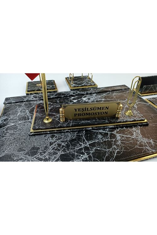 Mermer Siyah Ve Gold Isimlikli Lüx Tasarım Sümen Ve Makam Takımı