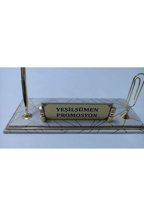 Krem Kadife Ve Gold Deriden Oluşan Lüx Tasarım Masa Üstü Isimlikli Set