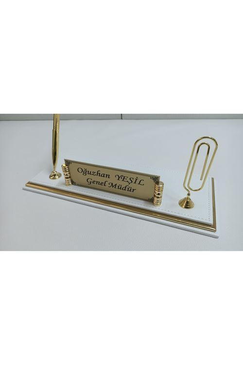 Beyaz Ve Gold Deriden Oluşan Lüks Tasarım Masaüstü Isimlikli Set