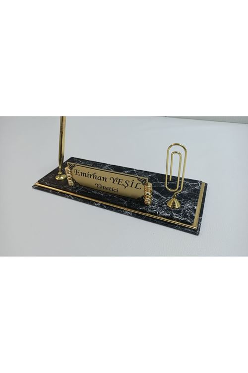 Siyah Mermer Ve Gold Deriden Oluşan Lüks Tasarım Masaüstü Isimlikli Set