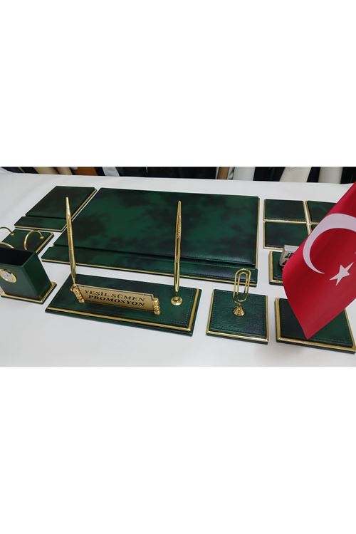ASOS BULUT YEŞİL VE GOLD DERİDEN OLUŞAN KİŞİYE ÖZEL İSİMLİKLİ LÜKS SÜMEN VE MAKAM TAKIMI