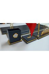 ASOS SİYAH VE GOLD DERİDEN OLUŞAN KİŞİYE ÖZEL İSİMLİKLİ LÜKS SÜMEN VE MAKAM TAKIMI
