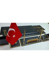 ASOS SİYAH VE GOLD DERİDEN OLUŞAN KİŞİYE ÖZEL İSİMLİKLİ LÜKS SÜMEN VE MAKAM TAKIMI