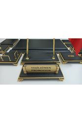 Siyah Ve Gold Ayaklı Ve Isimlikli Lüx Tasarım Sümen Ve Makam Takımı