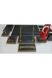 Siyah Ve Gold Ayaklı Ve Isimlikli Lüx Tasarım Sümen Ve Makam Takımı