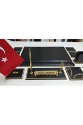 BRODE SİYAH 2 FARKLI DERİDEN OLUŞAN KİŞİYE ÖZEL İSİMLİKLİ LÜKS TASARIM SÜMEN VE MAKAM TAKIMI
