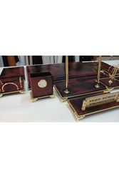 BULUT BORDO VE GOLD DERİDEN OLUŞAN AYAKLI KİŞİYE ÖZEL İSİMLİKLİ SÜMEN VE MAKAM TAKIMI